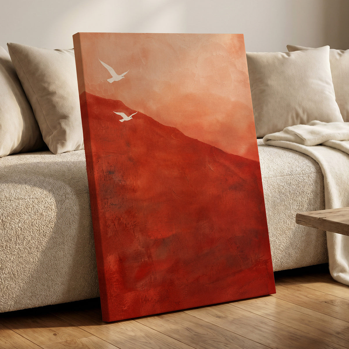 Terracotta Flight, red, orange, pink nature wall art displayed in a styled interior, gallery view 3