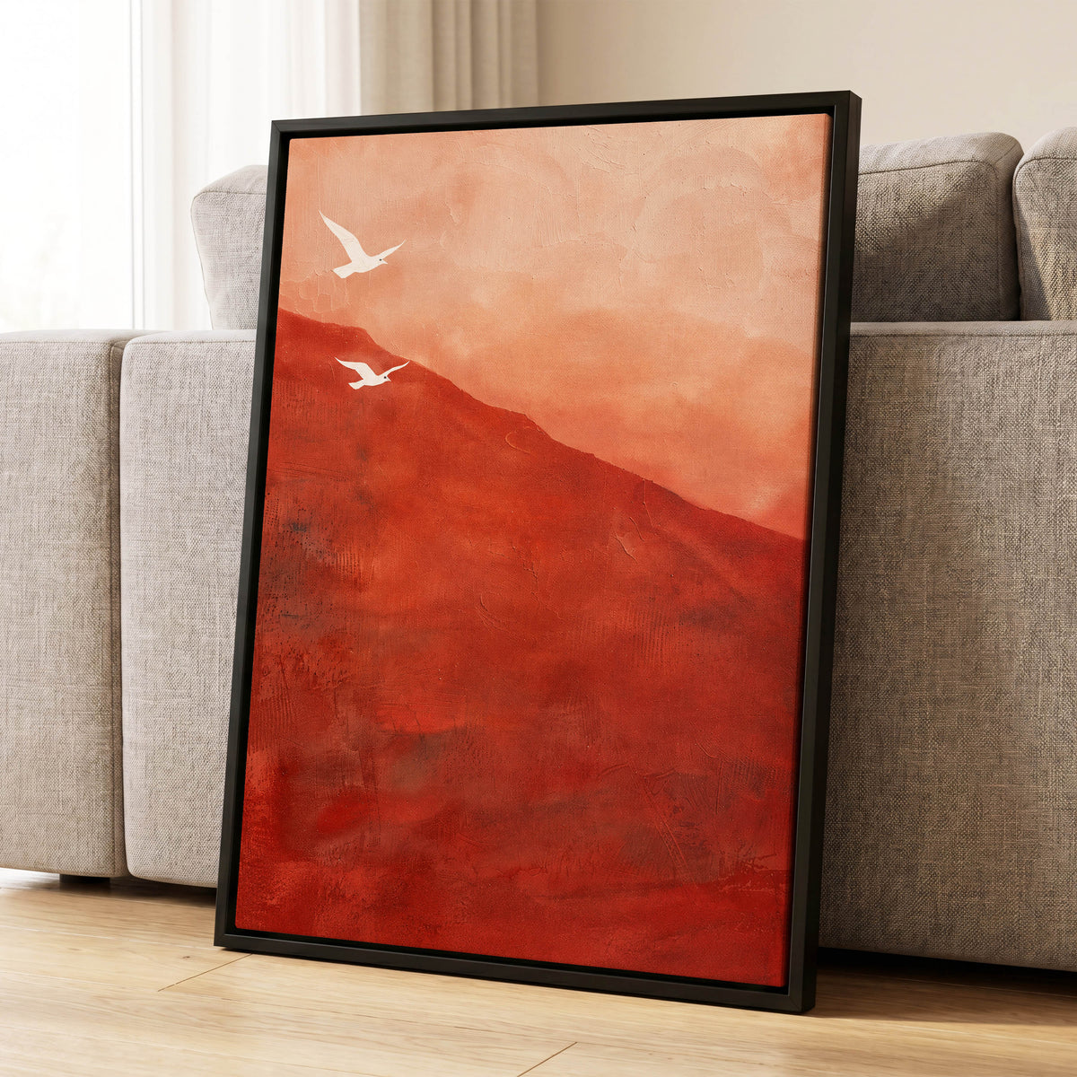 Terracotta Flight, red, orange, pink nature wall art displayed in a styled interior, gallery view 4