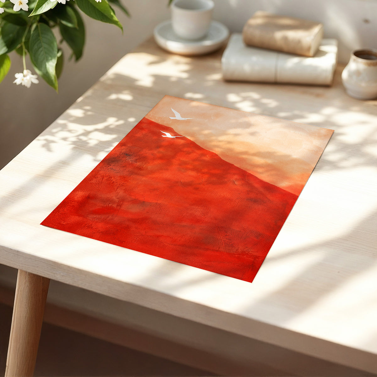 Terracotta Flight, red, orange, pink nature wall art displayed in a styled interior, gallery view 5