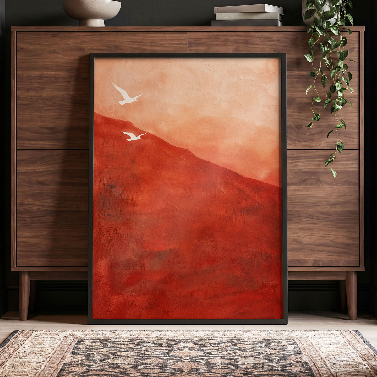 Terracotta Flight, red, orange, pink nature wall art displayed in a styled interior, gallery view 6
