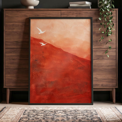 Terracotta Flight, red, orange, pink nature wall art displayed in a styled interior, gallery view 6