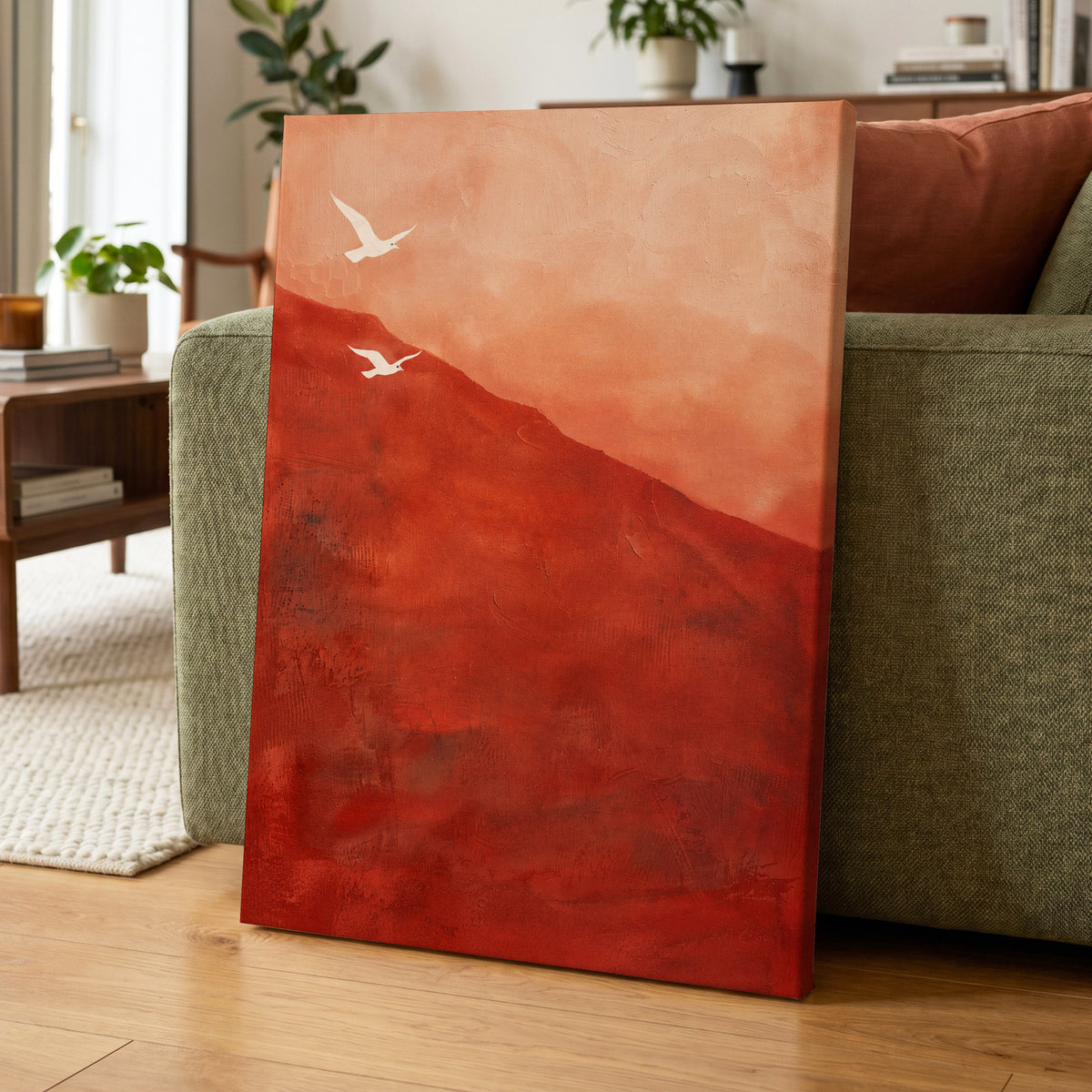 Terracotta Flight, red, orange, pink nature wall art displayed in a styled interior, gallery view 7