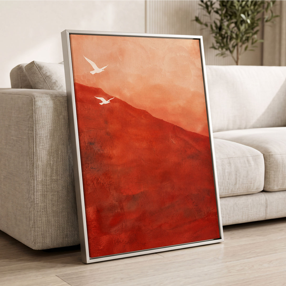 Terracotta Flight, red, orange, pink nature wall art displayed in a styled interior, gallery view 8