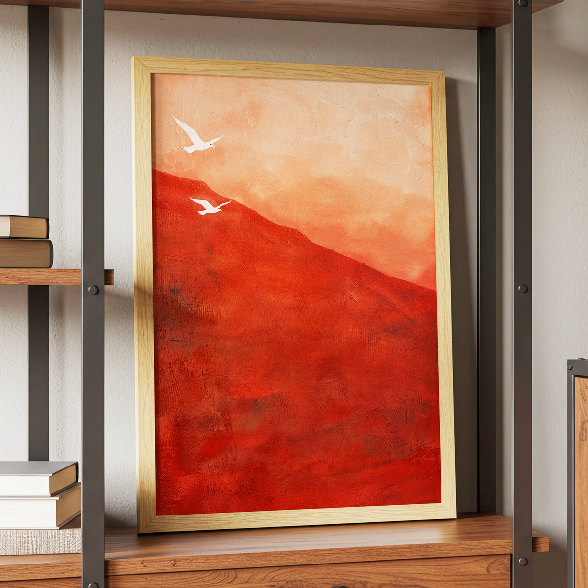 Terracotta Flight, red, orange, pink nature wall art displayed in a styled interior, gallery view 9