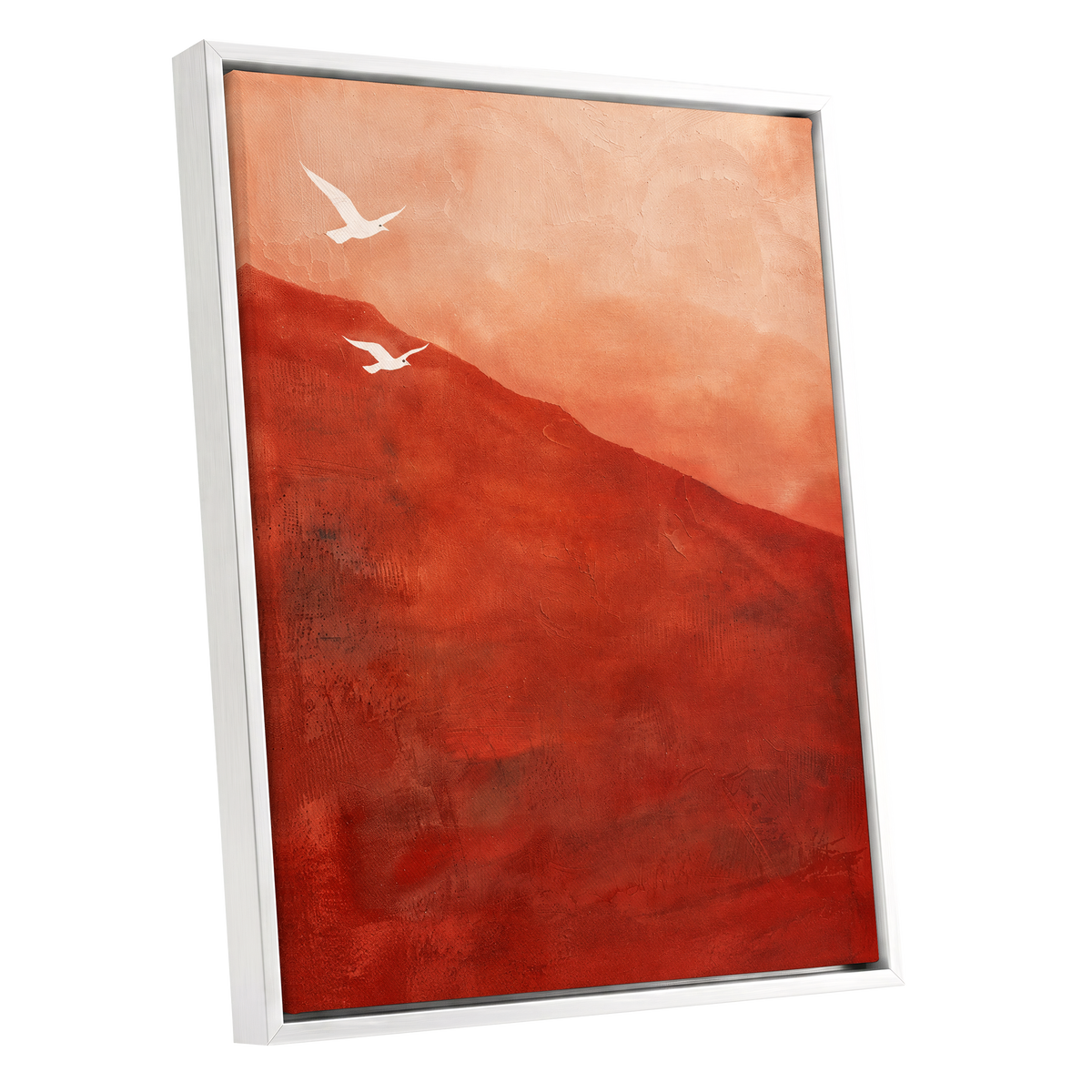 Terracotta Flight, red, orange, pink nature wall art shown as a white framed canvas wall art