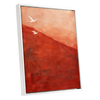 Terracotta Flight, red, orange, pink nature wall art shown as a white framed canvas wall art