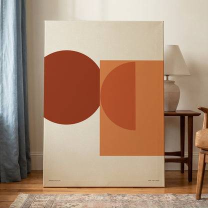 Terracotta Geometry, beige, brown, orange minimalist wall art on canvas displayed in a styled interior, gallery view 1