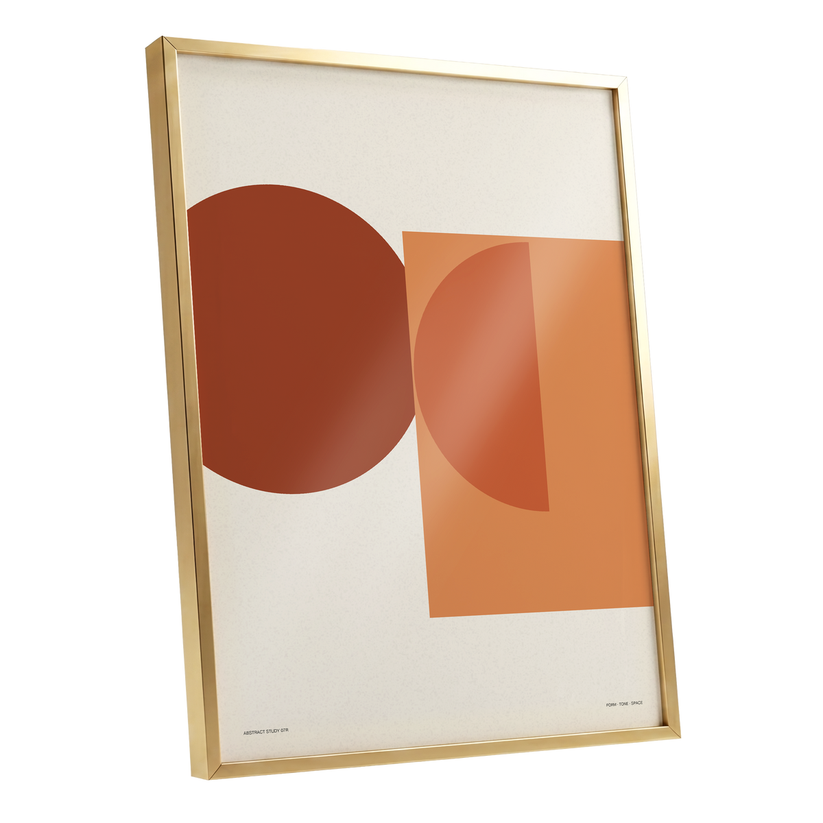 Terracotta Geometry, beige, brown, orange minimalist wall art shown as a gold framed poster wall art print