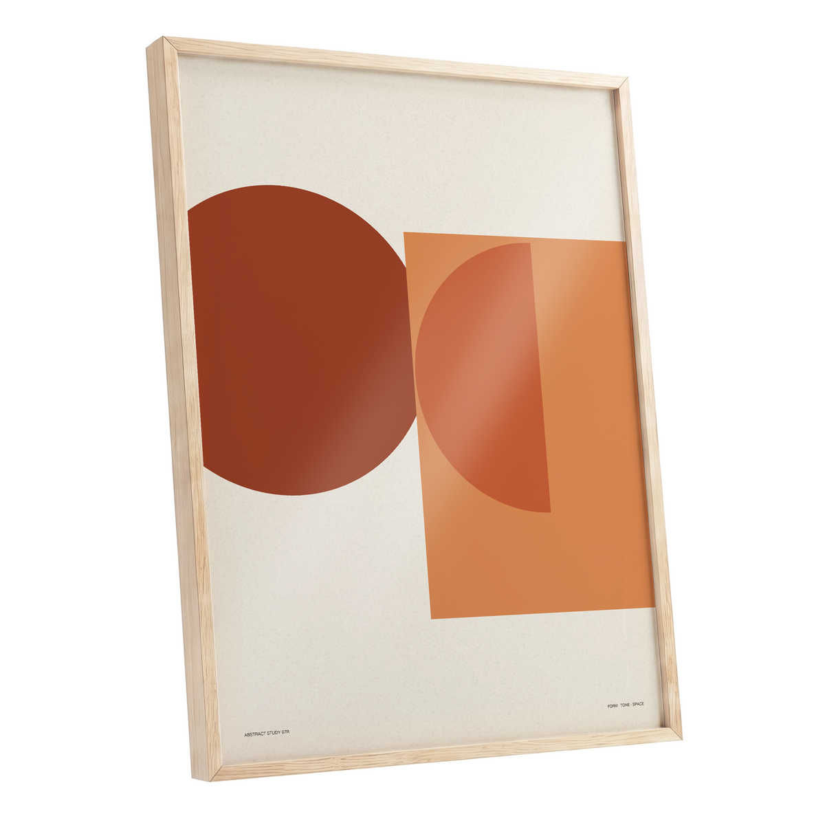 Terracotta Geometry, beige, brown, orange minimalist wall art shown as a oak framed poster wall art print