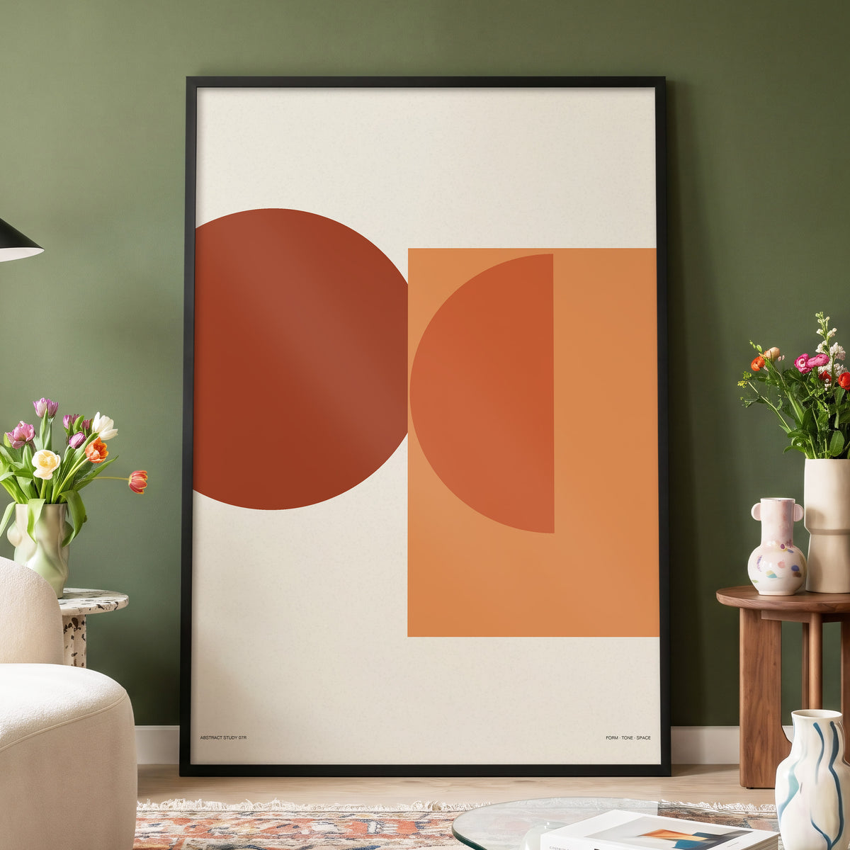 Terracotta Geometry, beige, brown, orange minimalist wall art displayed in a styled interior, gallery view 3
