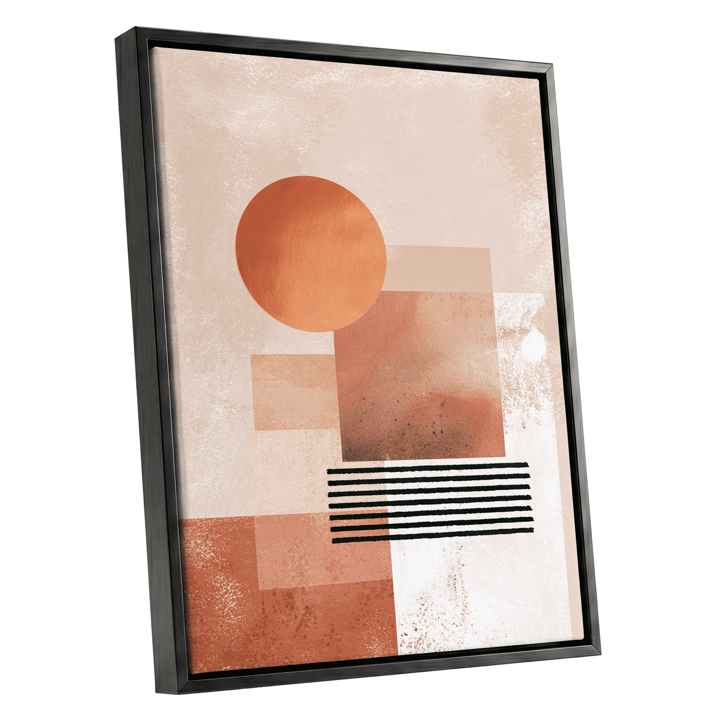 Terracotta Interval, beige, brown, orange abstract wall art shown as a black framed canvas wall art