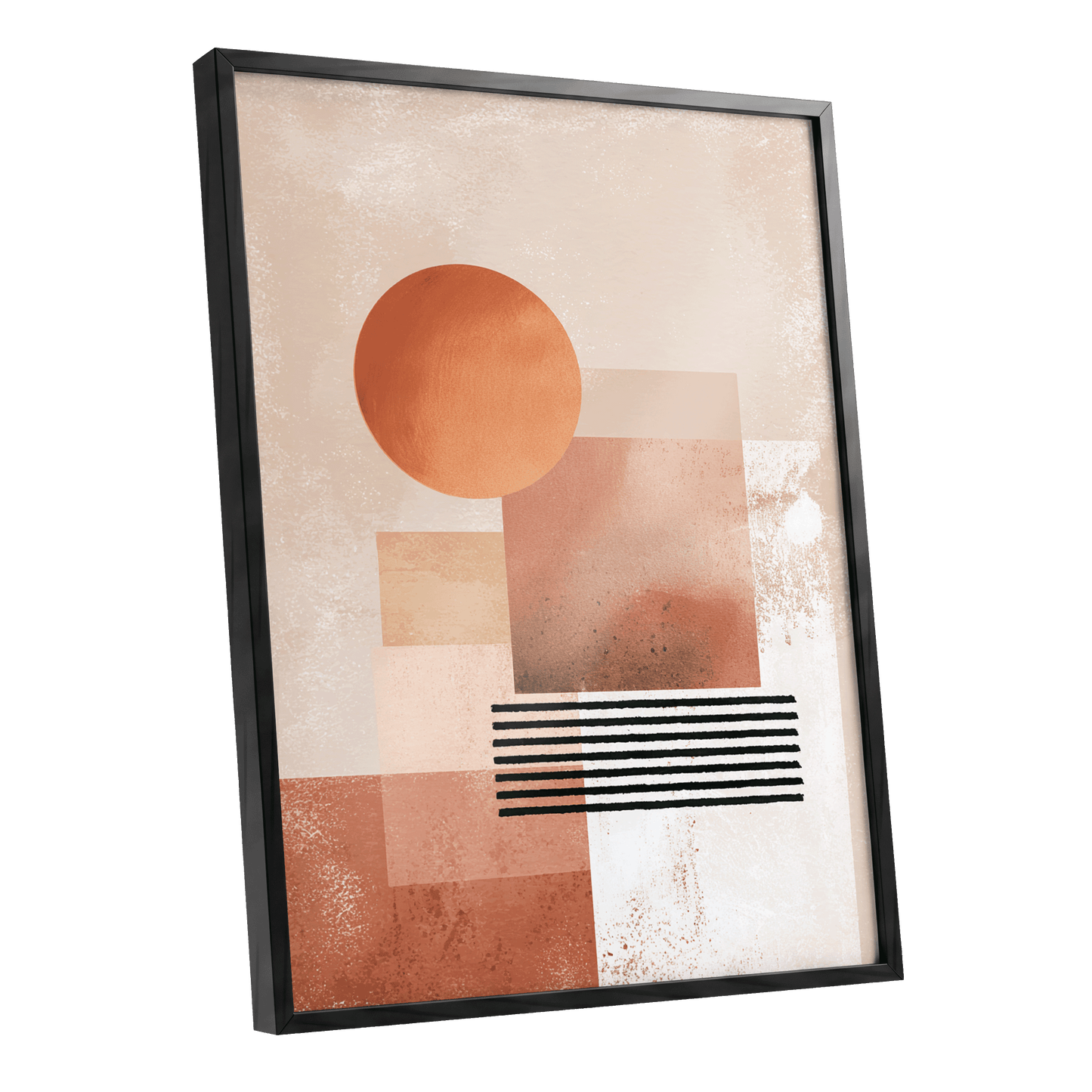 Terracotta Interval, beige, brown, orange abstract wall art shown as a black framed poster wall art print