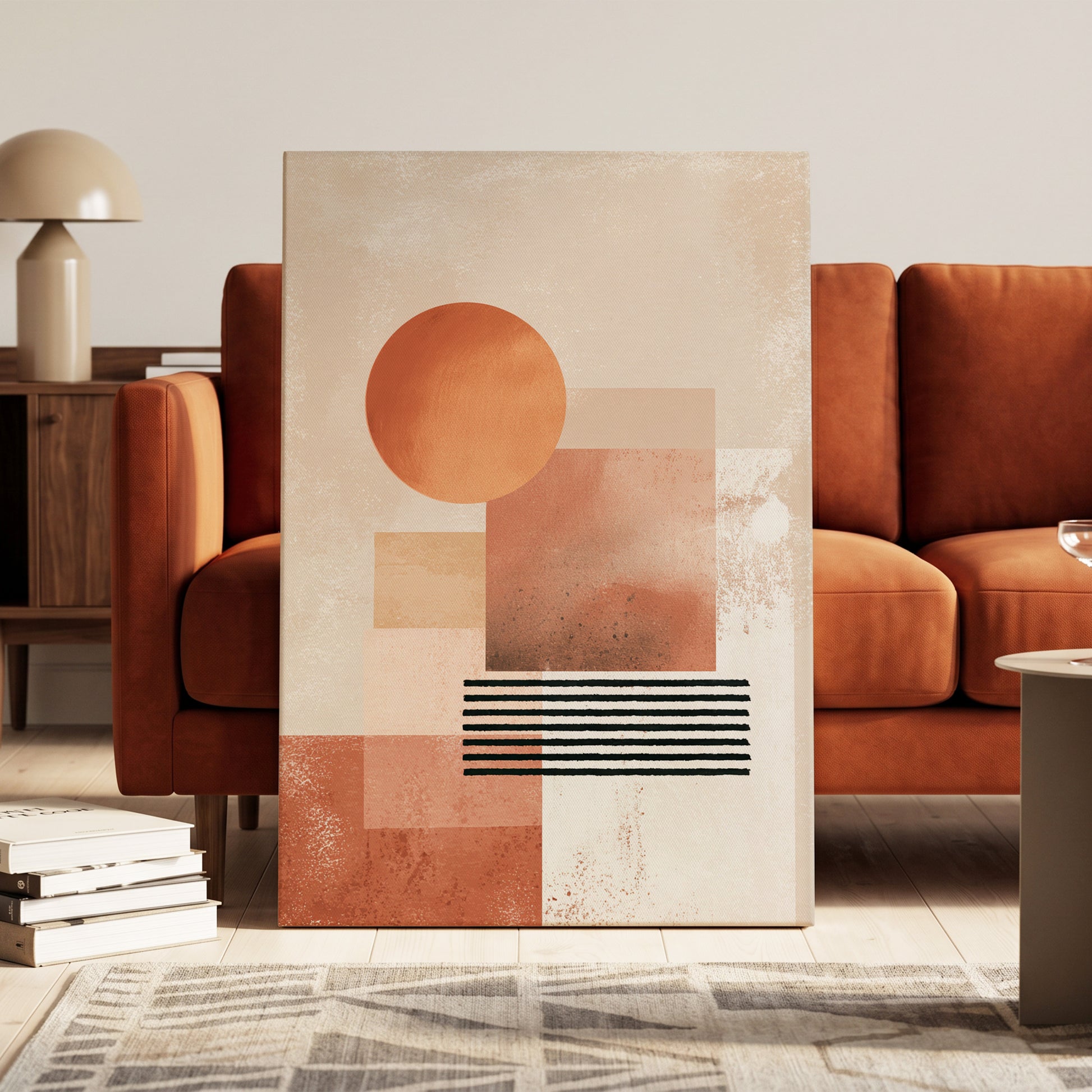 Terracotta Interval, beige, brown, orange abstract wall art on canvas displayed in a styled interior, gallery view 1