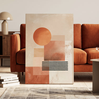 Terracotta Interval, beige, brown, orange abstract wall art on canvas displayed in a styled interior, gallery view 1