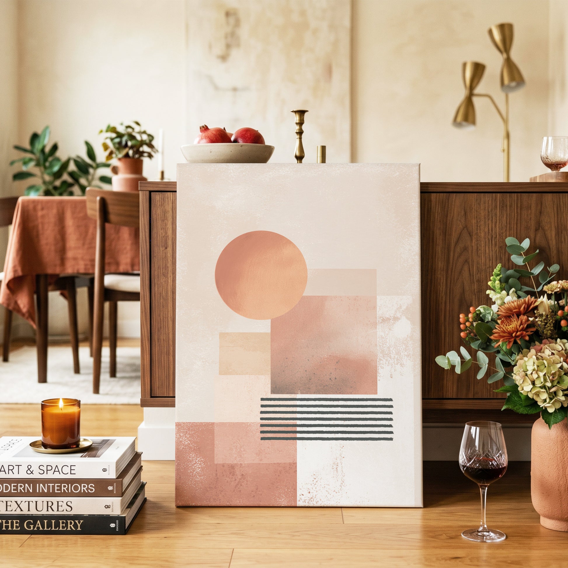 Terracotta Interval, beige, brown, orange abstract wall art on canvas displayed in a styled interior, gallery view 2
