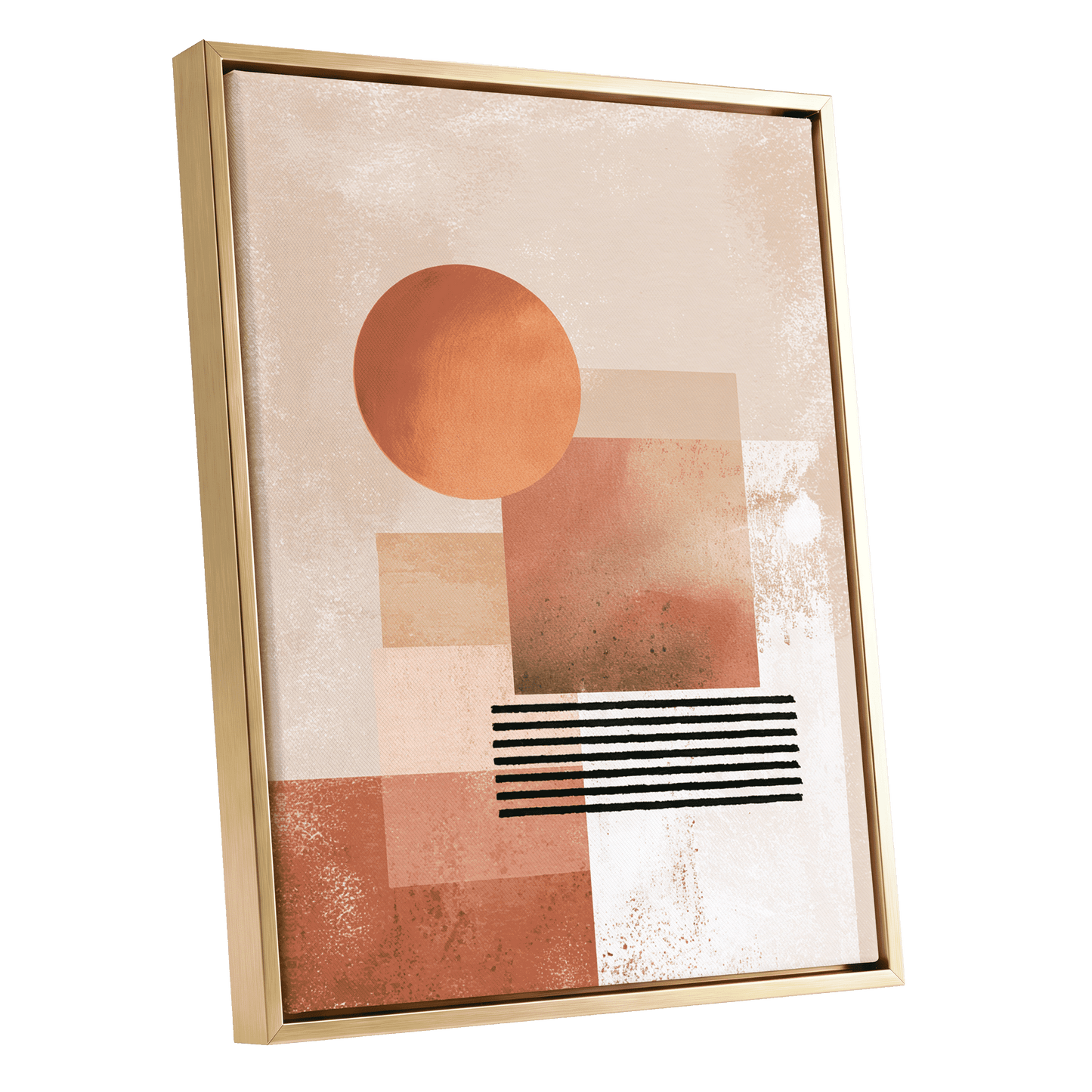 Terracotta Interval, beige, brown, orange abstract wall art shown as a gold framed canvas wall art