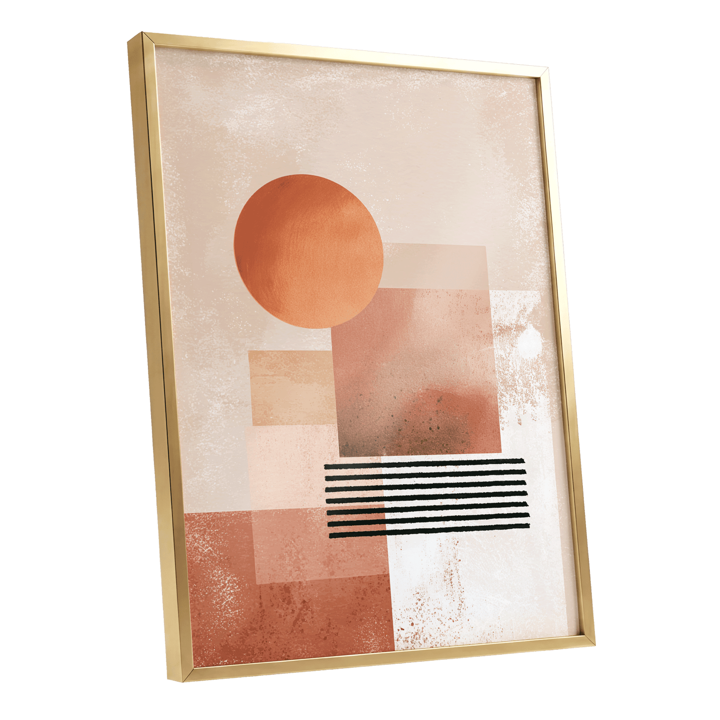 Terracotta Interval, beige, brown, orange abstract wall art shown as a gold framed poster wall art print
