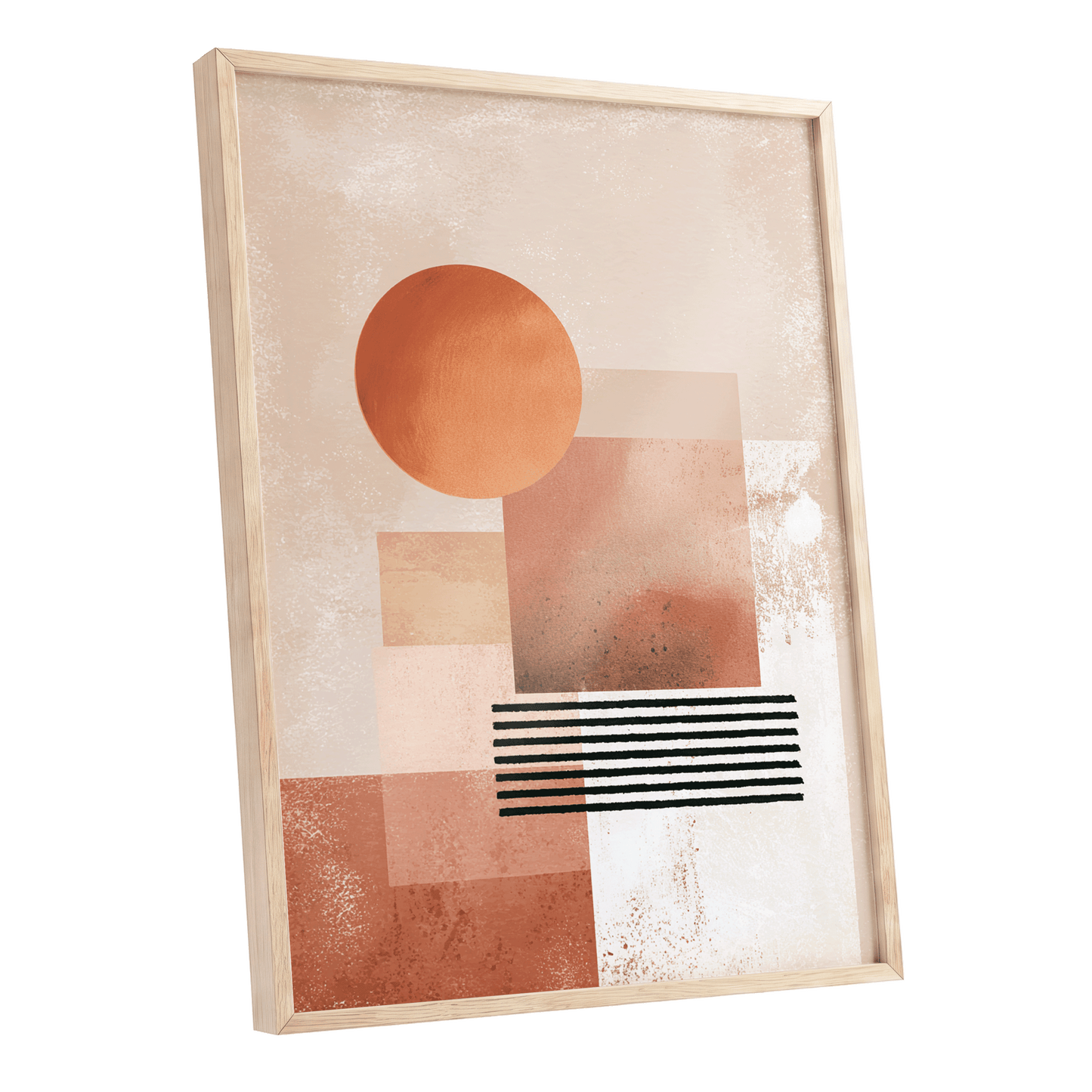 Terracotta Interval, beige, brown, orange abstract wall art shown as a oak framed poster wall art print