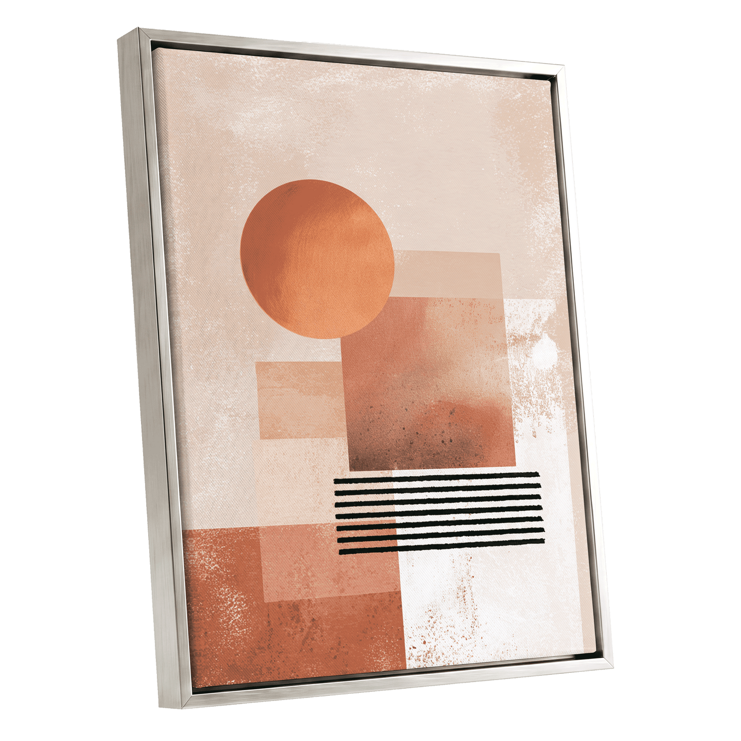 Terracotta Interval, beige, brown, orange abstract wall art shown as a silver framed canvas wall art