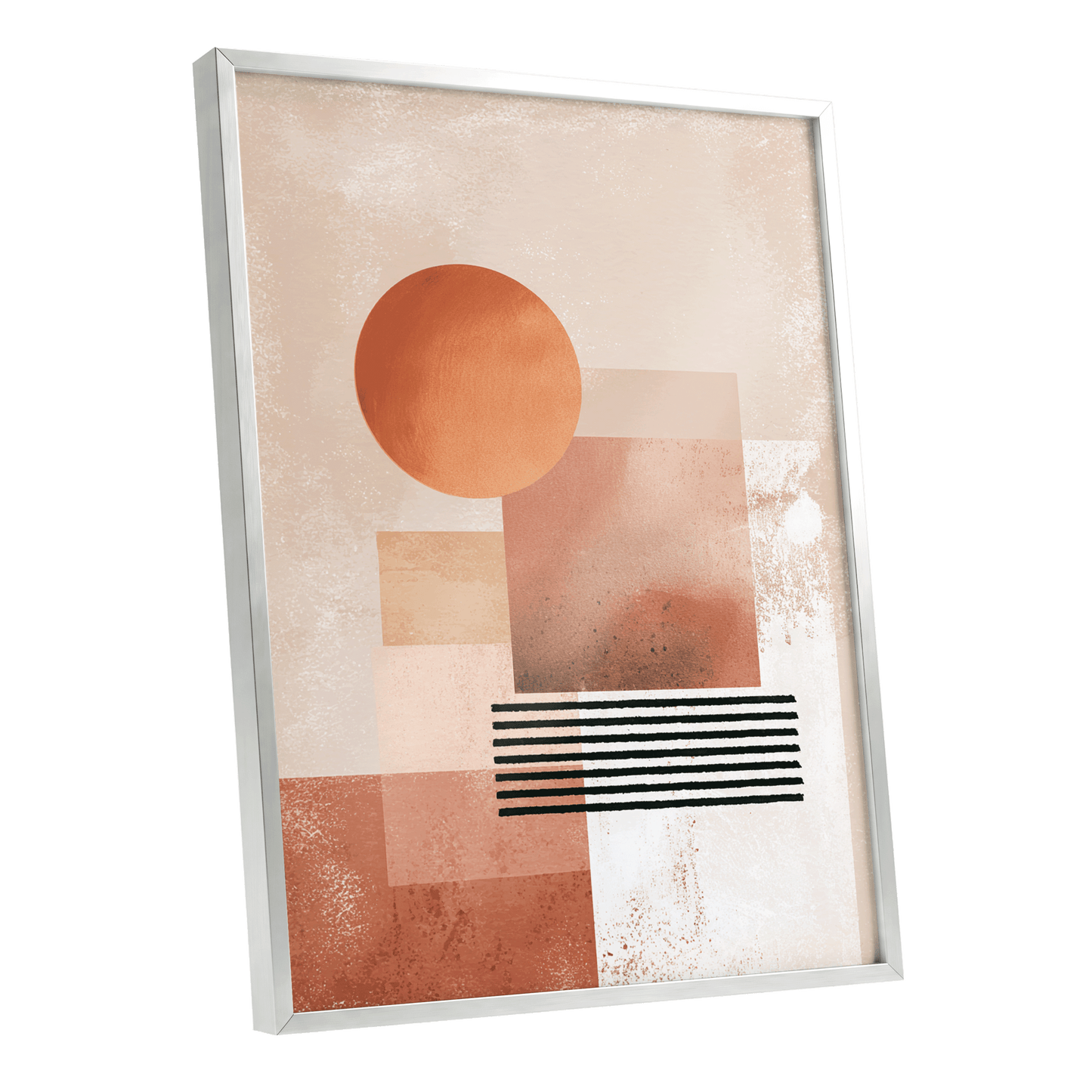 Terracotta Interval, beige, brown, orange abstract wall art shown as a silver framed poster wall art print