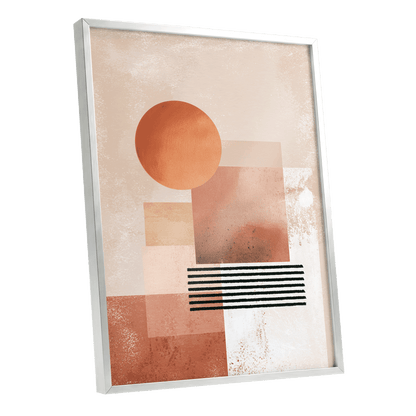 Terracotta Interval, beige, brown, orange abstract wall art shown as a silver framed poster wall art print