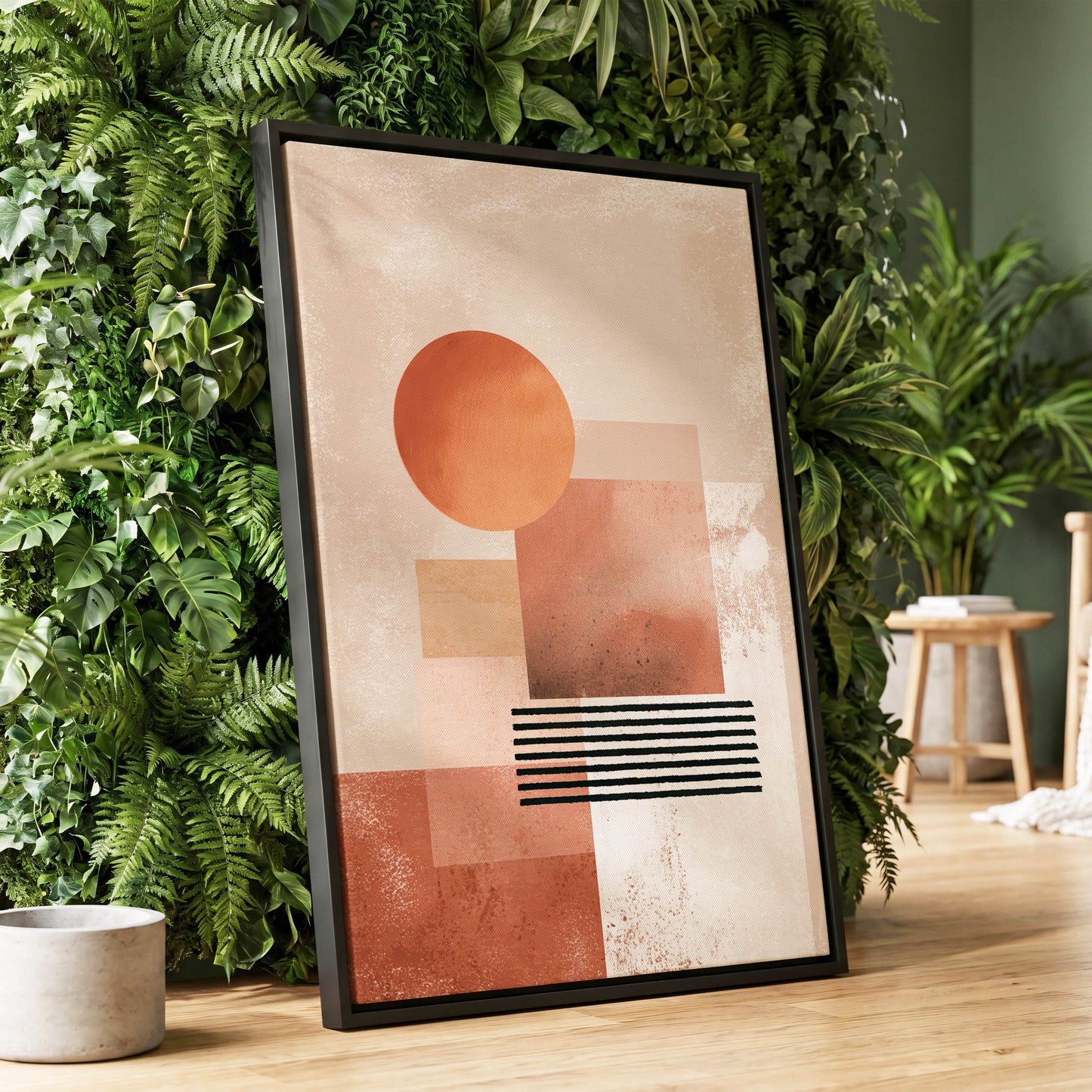 Terracotta Interval, beige, brown, orange abstract wall art displayed in a styled interior, gallery view 1