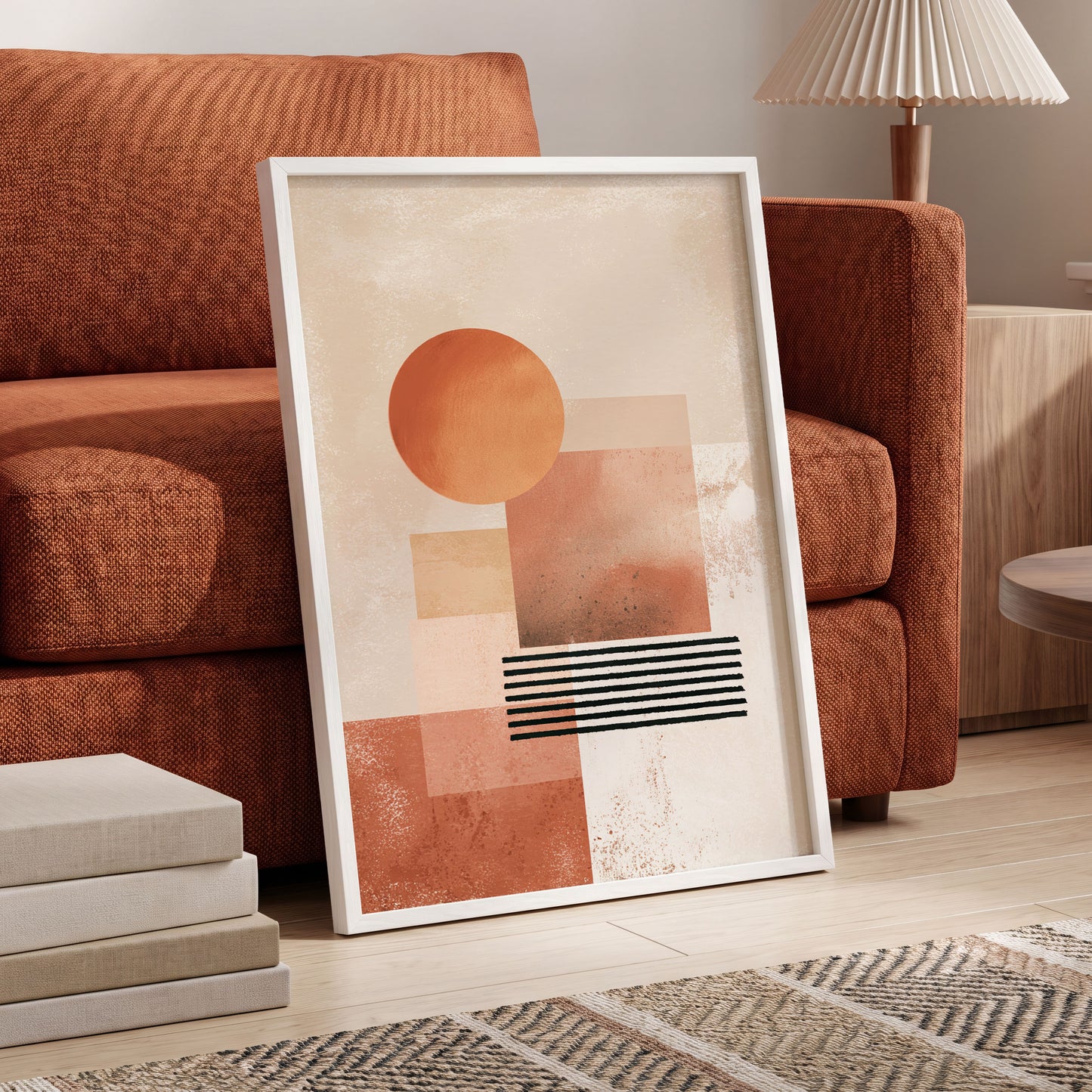Terracotta Interval, beige, brown, orange abstract wall art displayed in a styled interior, gallery view 6