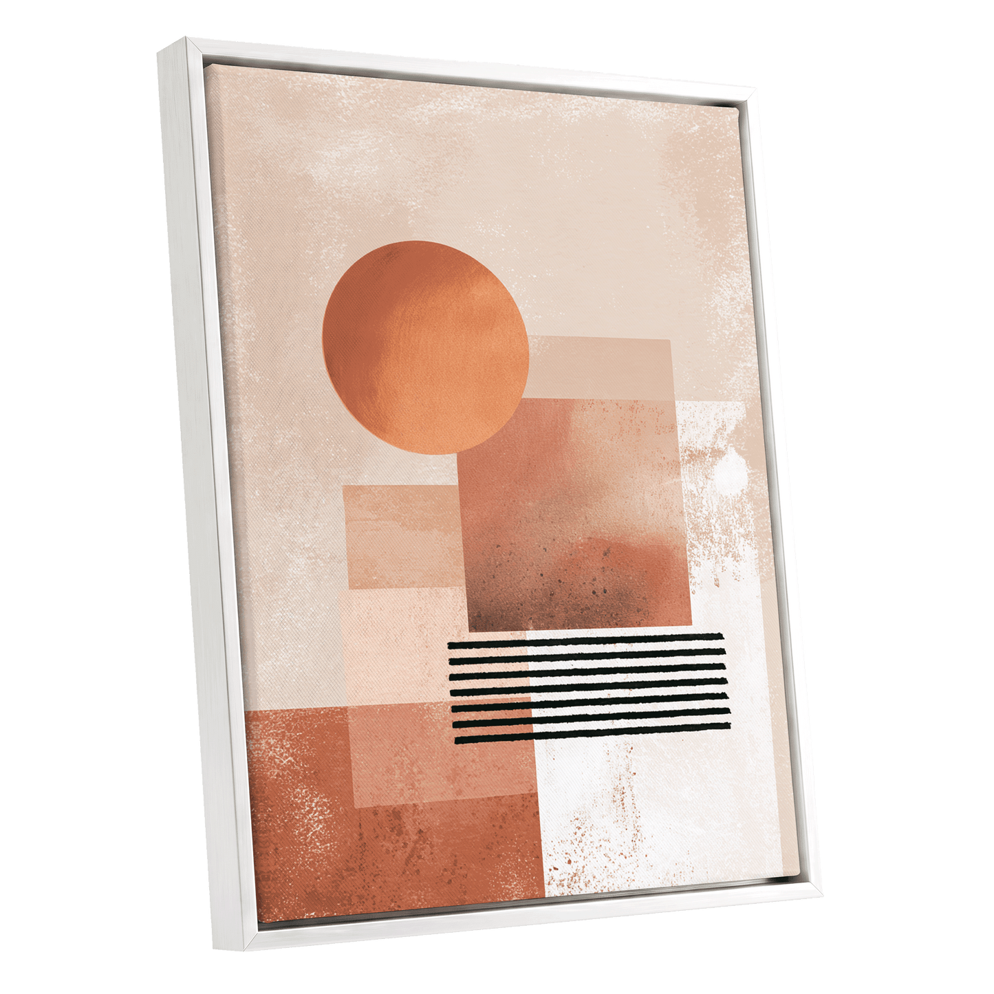 Terracotta Interval, beige, brown, orange abstract wall art shown as a white framed canvas wall art