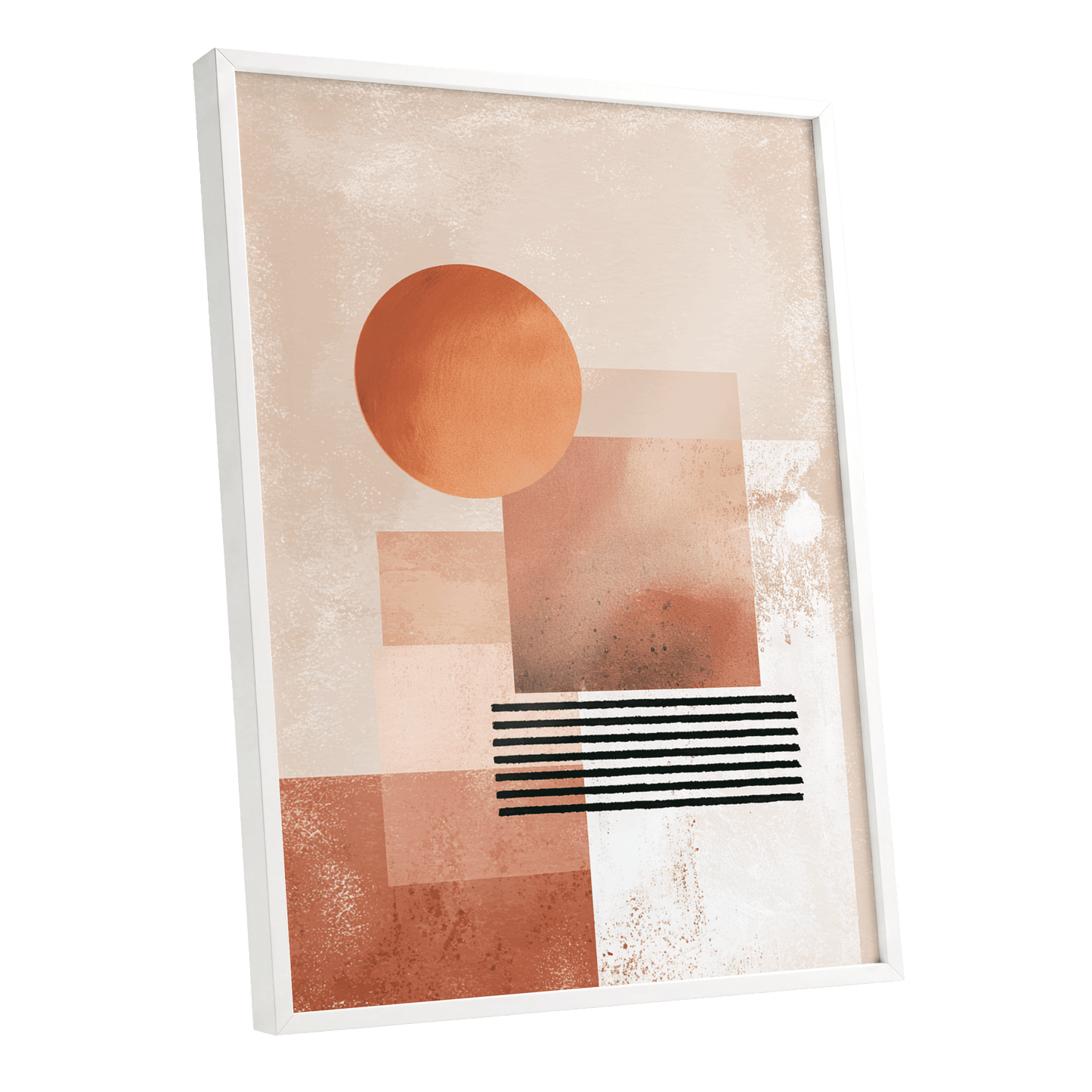 Terracotta Interval, beige, brown, orange abstract wall art shown as a white framed poster wall art print