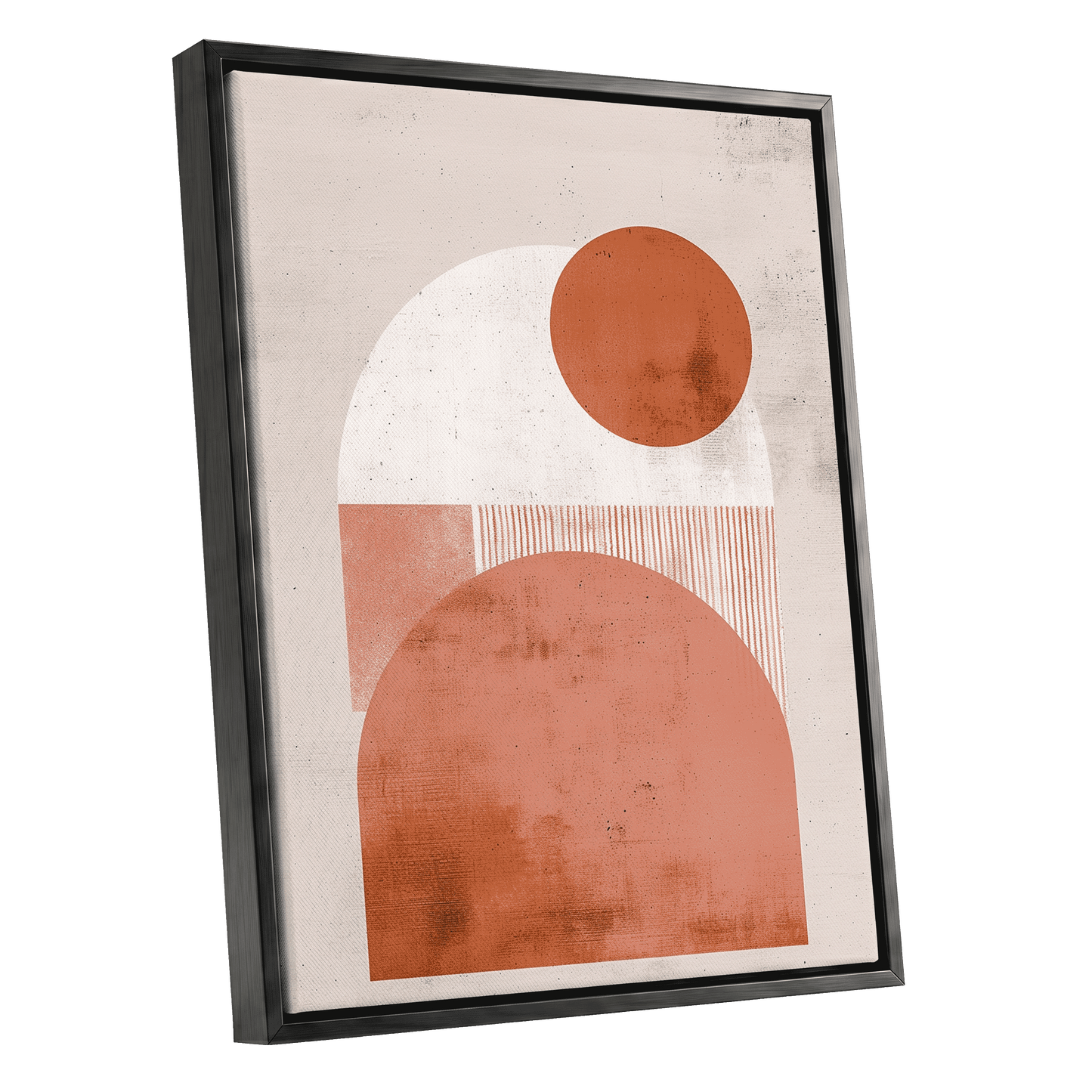 Terracotta Orbits, beige, orange, pink minimalist wall art shown as a black framed canvas wall art