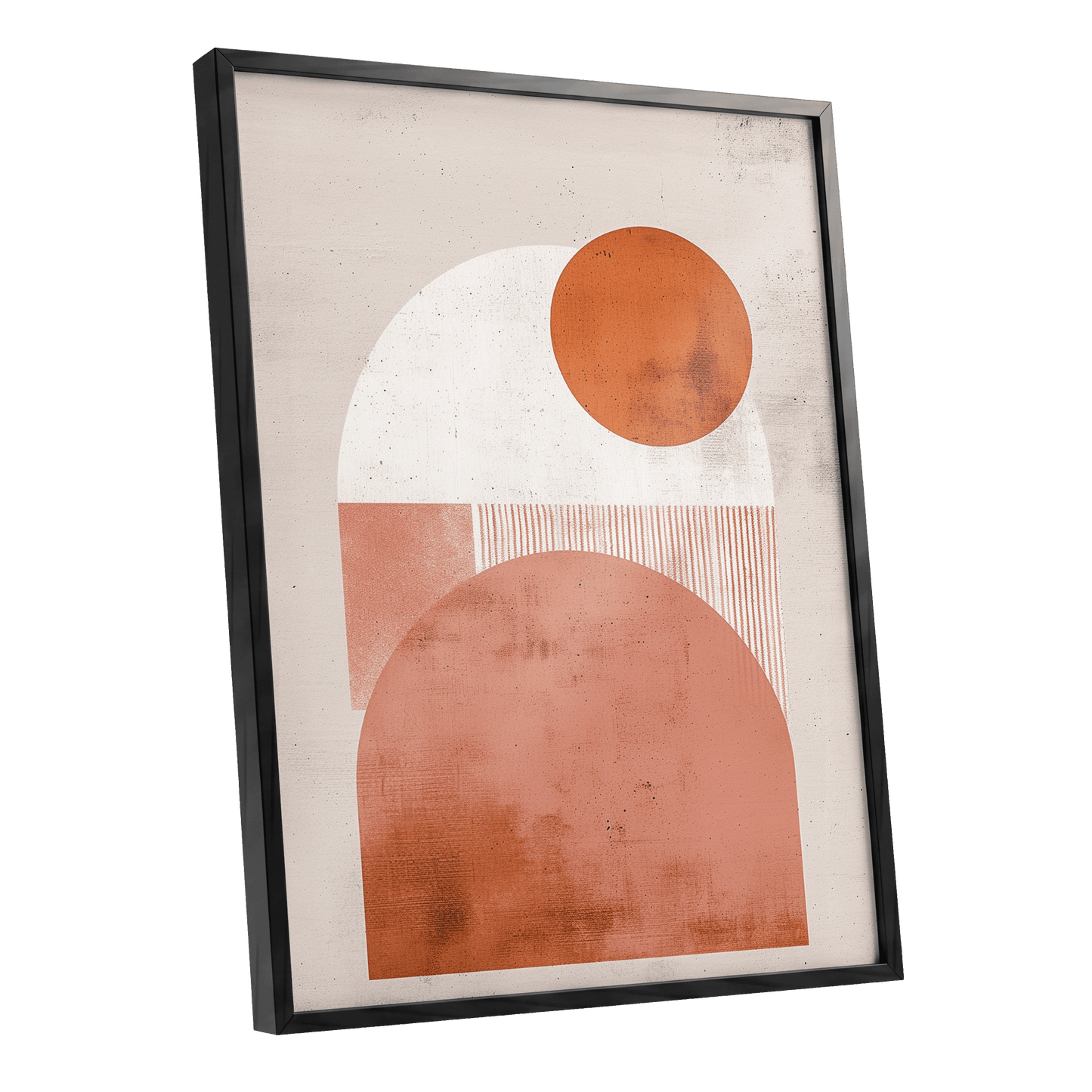 Terracotta Orbits, beige, orange, pink minimalist wall art shown as a black framed poster wall art print