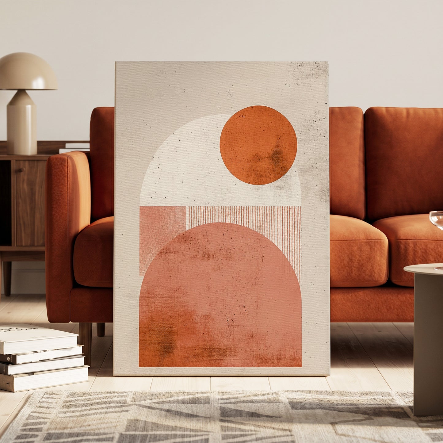 Terracotta Orbits, beige, orange, pink minimalist wall art on canvas displayed in a styled interior, gallery view 1