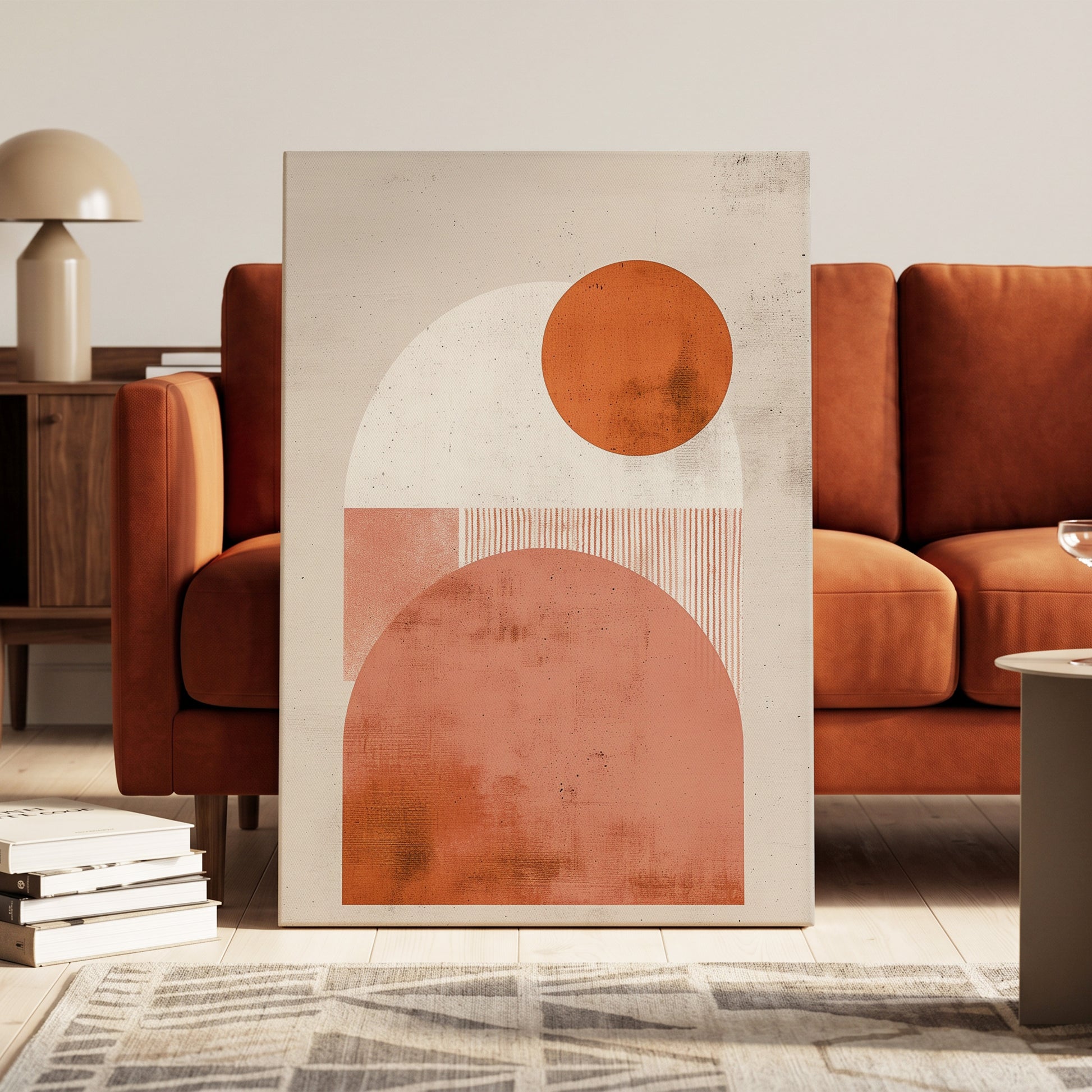 Terracotta Orbits, beige, orange, pink minimalist wall art on canvas displayed in a styled interior, gallery view 1