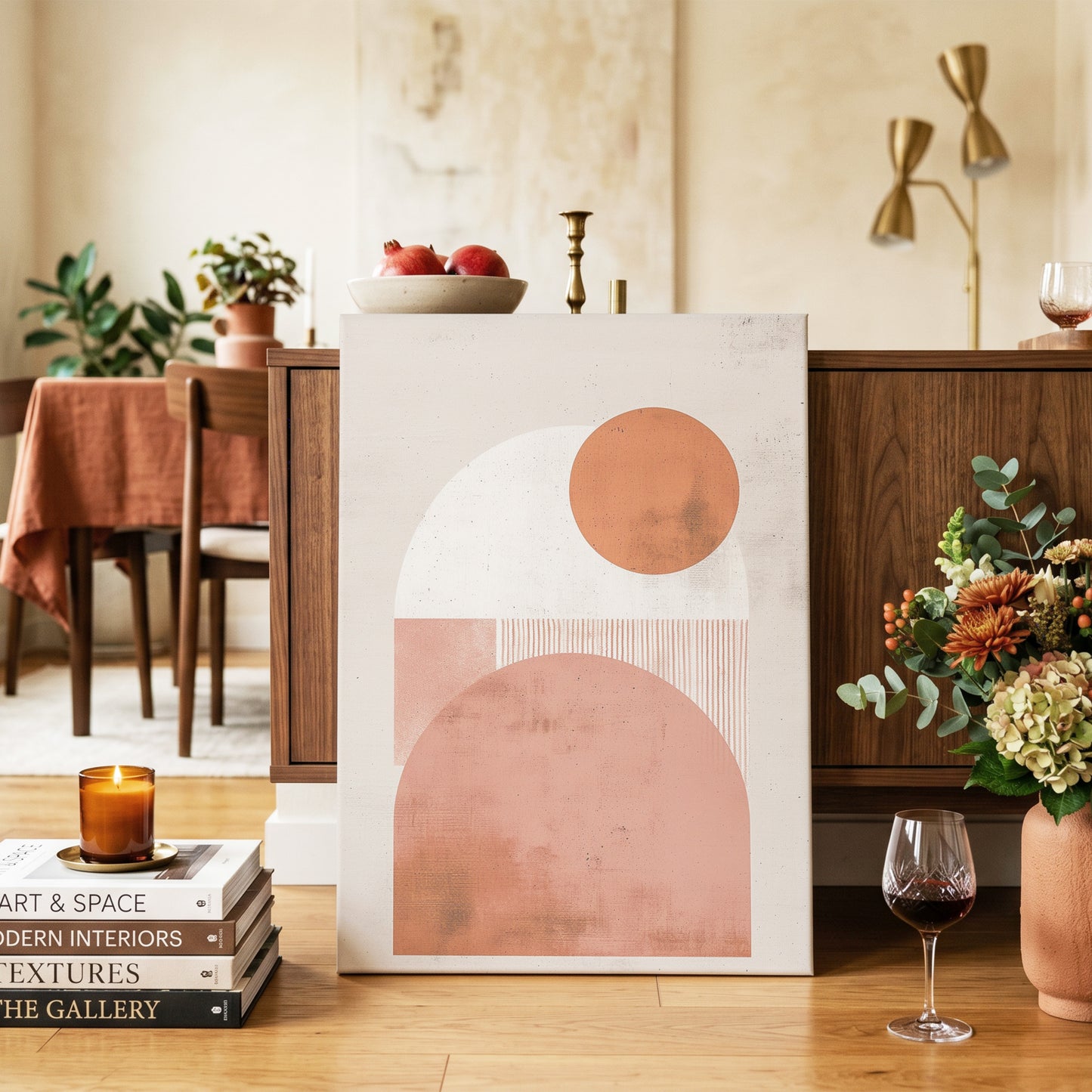 Terracotta Orbits, beige, orange, pink minimalist wall art on canvas displayed in a styled interior, gallery view 2