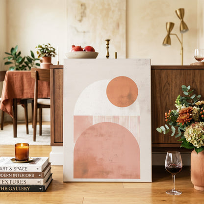 Terracotta Orbits, beige, orange, pink minimalist wall art on canvas displayed in a styled interior, gallery view 2
