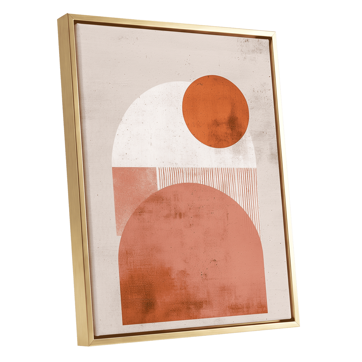 Terracotta Orbits, beige, orange, pink minimalist wall art shown as a gold framed canvas wall art