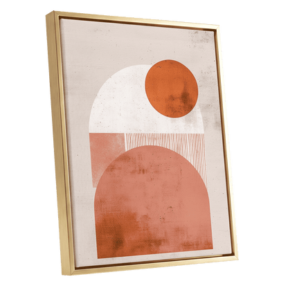 Terracotta Orbits, beige, orange, pink minimalist wall art shown as a gold framed canvas wall art