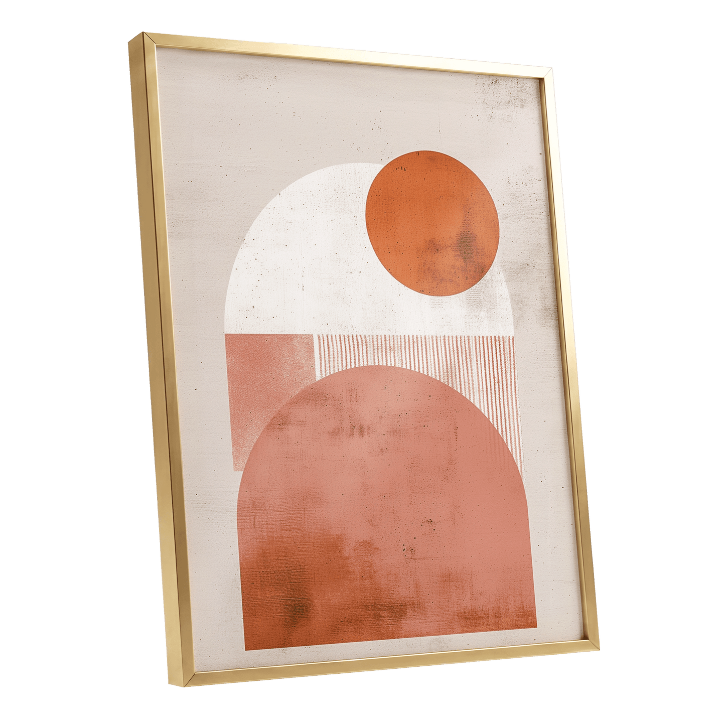 Terracotta Orbits, beige, orange, pink minimalist wall art shown as a gold framed poster wall art print