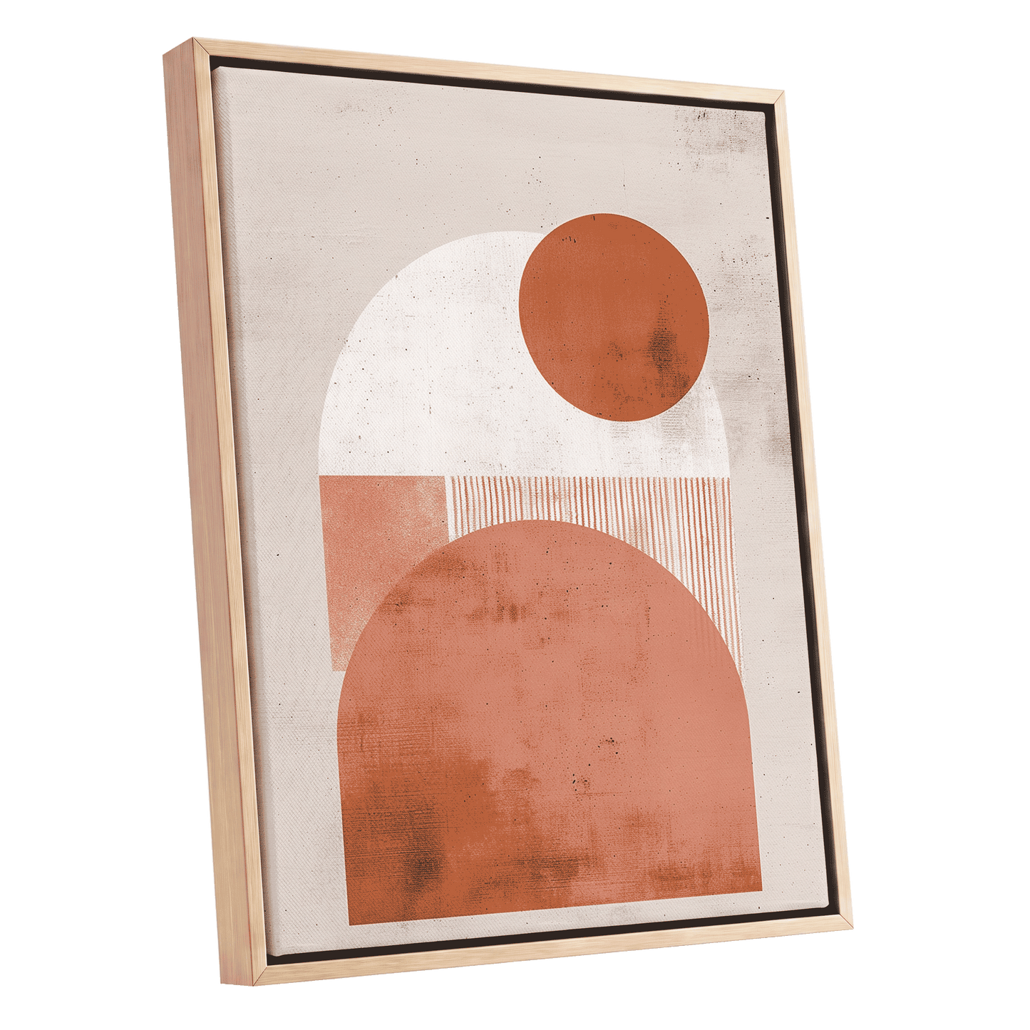 Terracotta Orbits, beige, orange, pink minimalist wall art shown as a oak framed canvas wall art