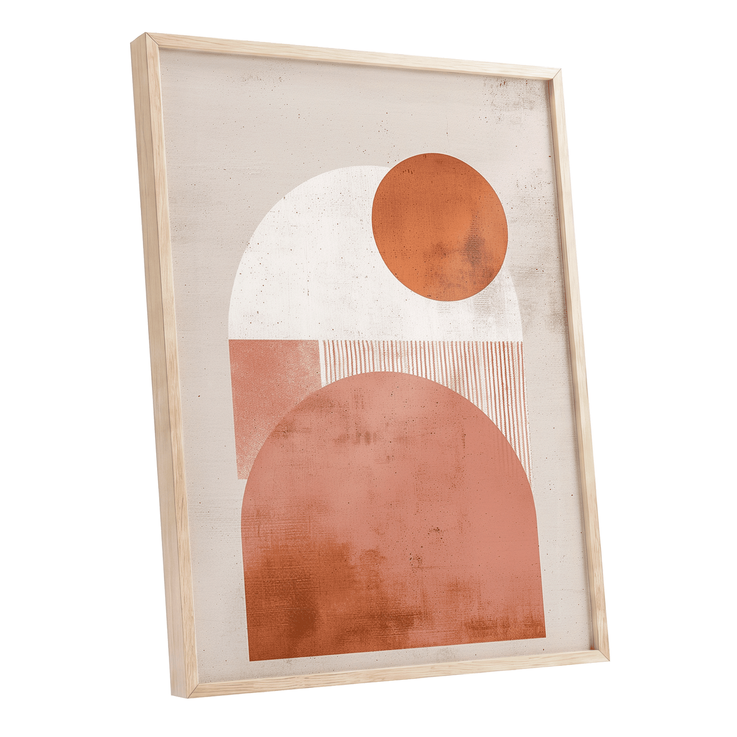 Terracotta Orbits, beige, orange, pink minimalist wall art shown as a oak framed poster wall art print