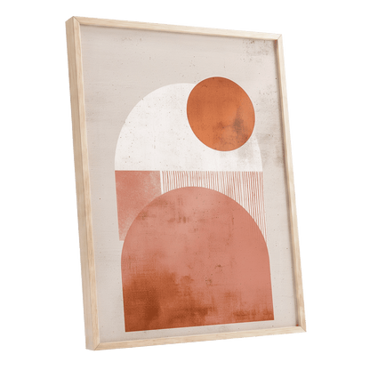 Terracotta Orbits, beige, orange, pink minimalist wall art shown as a oak framed poster wall art print
