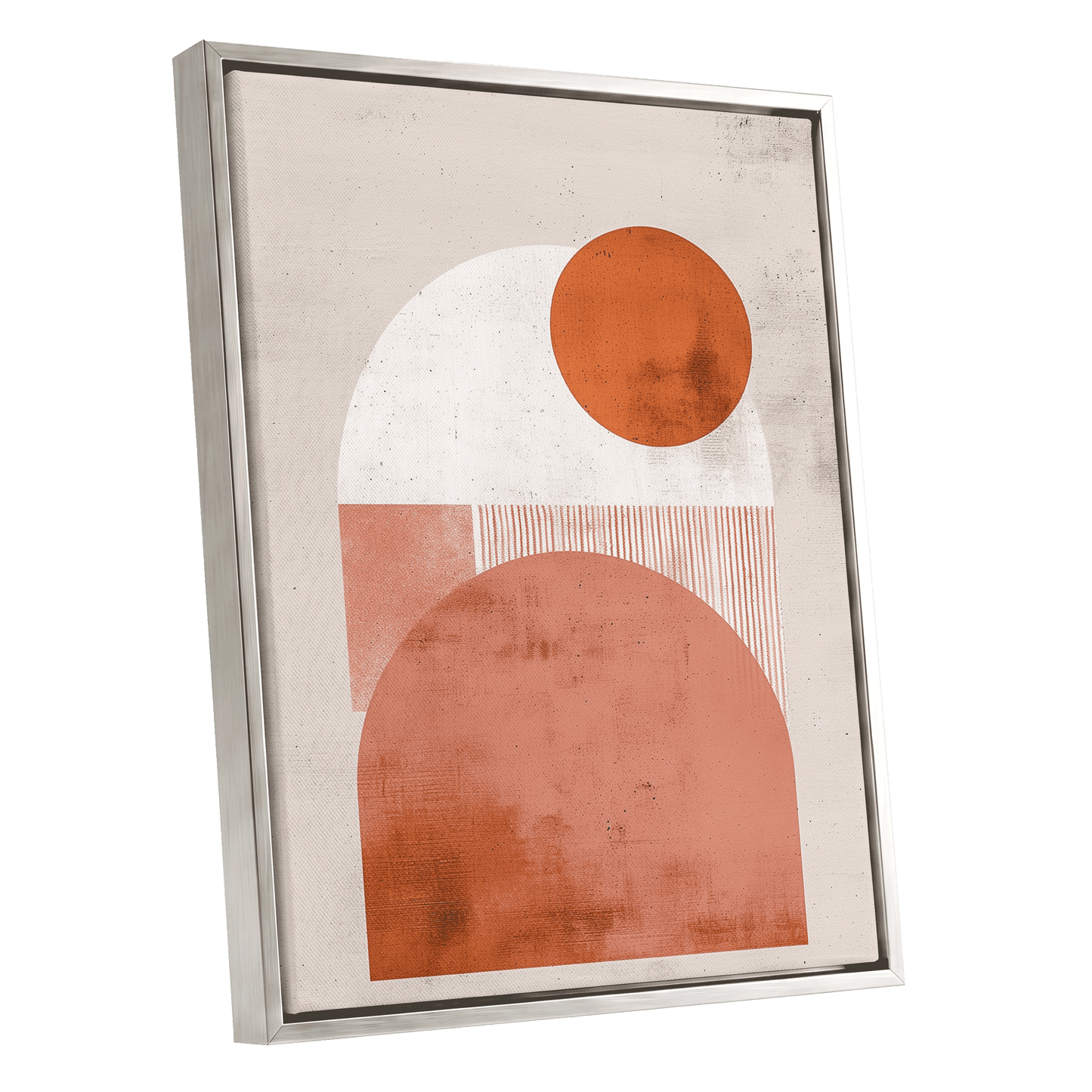 Terracotta Orbits, beige, orange, pink minimalist wall art shown as a silver framed canvas wall art