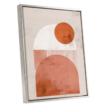 Terracotta Orbits, beige, orange, pink minimalist wall art shown as a silver framed canvas wall art