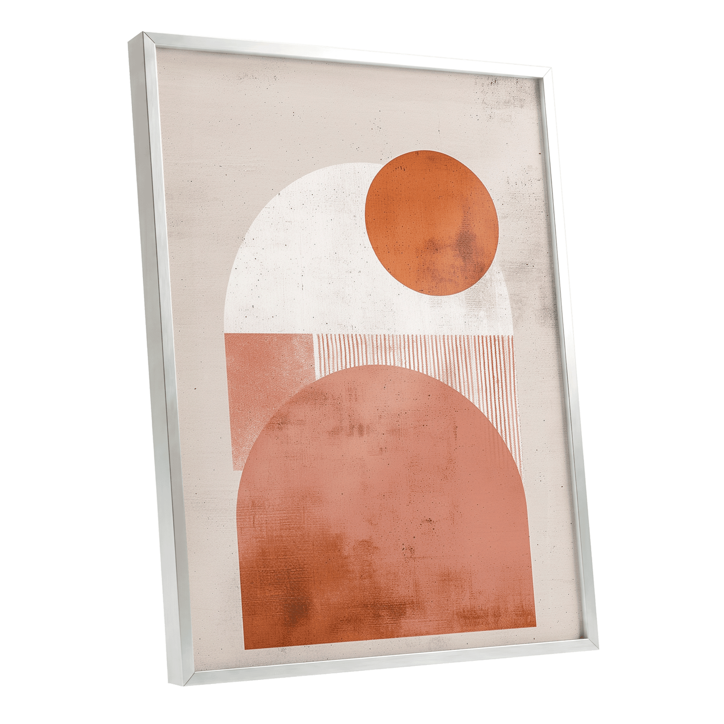 Terracotta Orbits, beige, orange, pink minimalist wall art shown as a silver framed poster wall art print