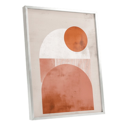 Terracotta Orbits, beige, orange, pink minimalist wall art shown as a silver framed poster wall art print