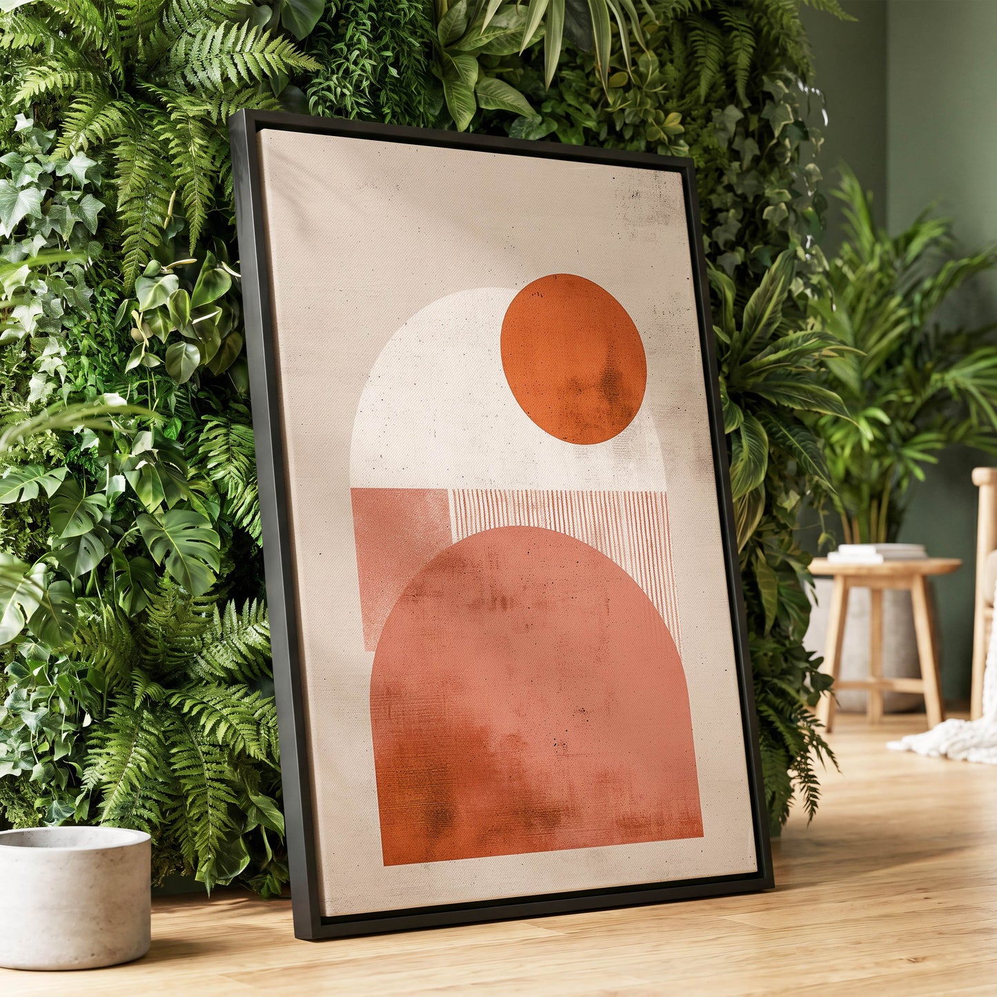 Terracotta Orbits, beige, orange, pink minimalist wall art displayed in a styled interior, gallery view 1