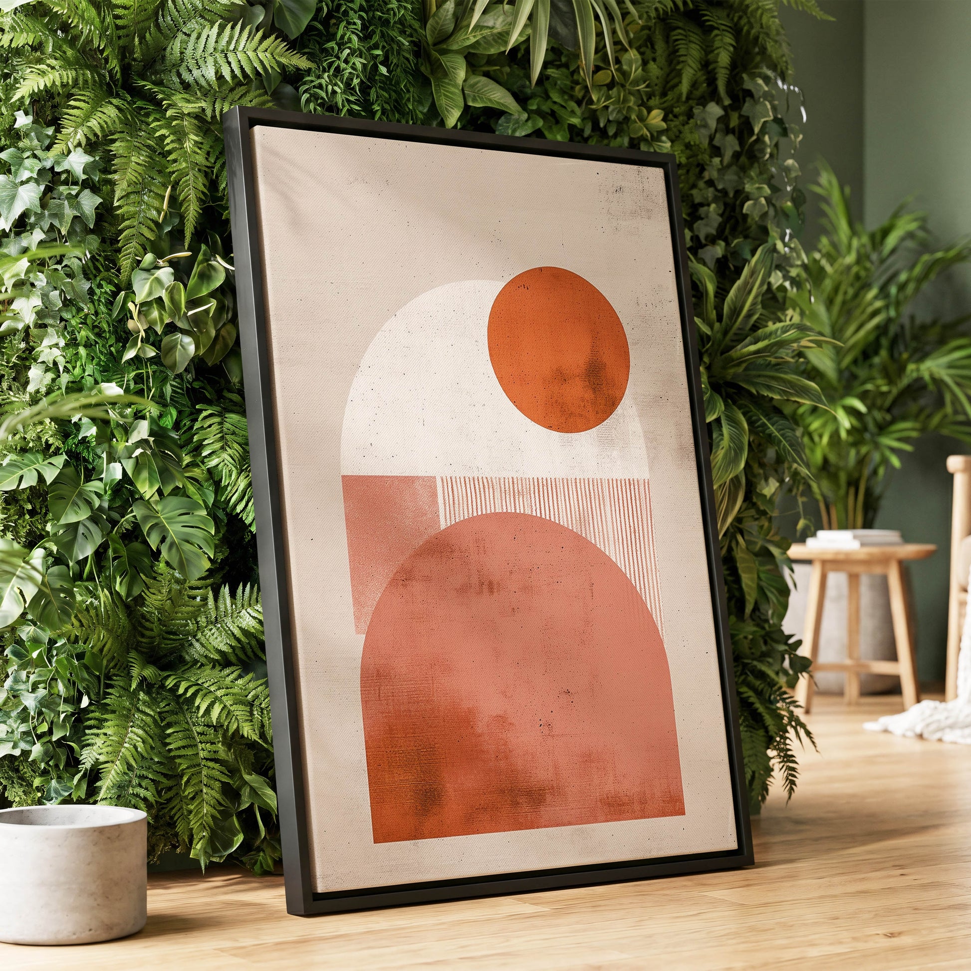 Terracotta Orbits, beige, orange, pink minimalist wall art displayed in a styled interior, gallery view 1