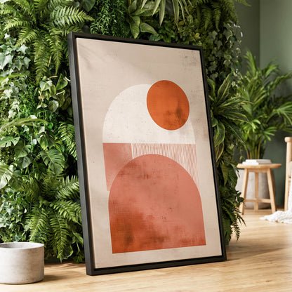 Terracotta Orbits, beige, orange, pink minimalist wall art displayed in a styled interior, gallery view 1