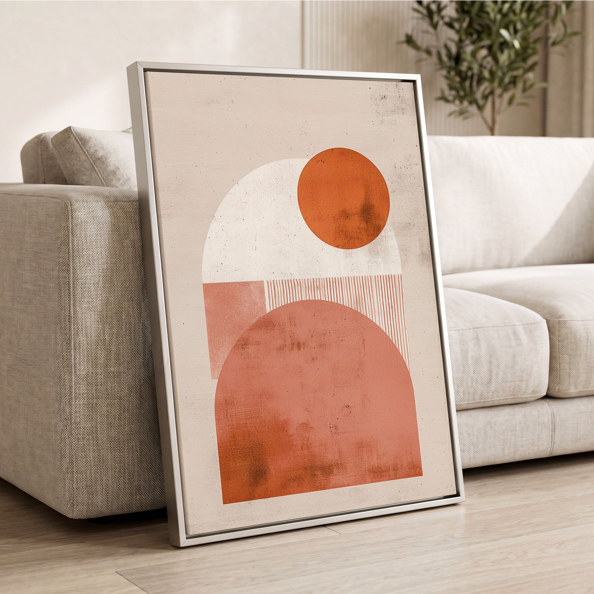 Terracotta Orbits, beige, orange, pink minimalist wall art displayed in a styled interior, gallery view 2
