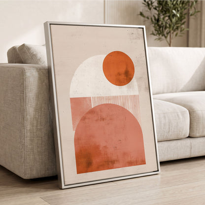Terracotta Orbits, beige, orange, pink minimalist wall art displayed in a styled interior, gallery view 2